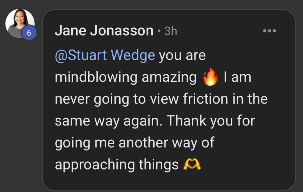 Audience Testimonial A comment from Jane Jonasson "Stuart Wedge you are mindblowing amazing 🔥 I am never going to view friction in the same way again. Thank you for giving me another way of approaching things 🫶